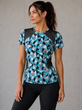 Printed Malia Geometric Tee With Mesh Panels In Turquoise & Black - Size S
